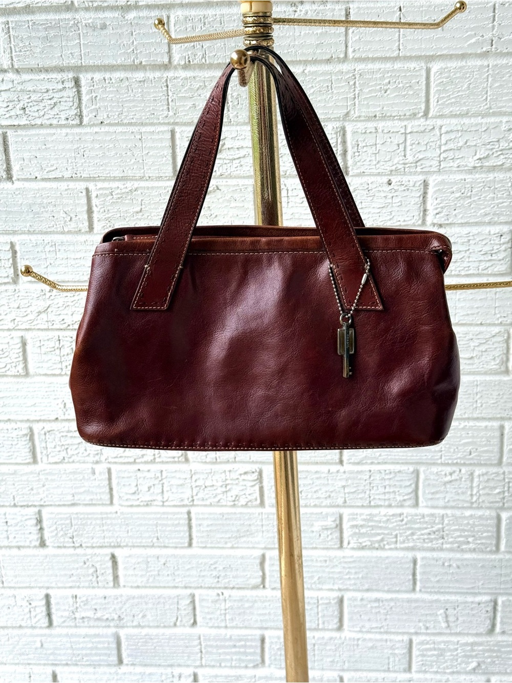 Fossil Vintage Burgundy Leather Shoulder Bag/Crossbody with Key Charm